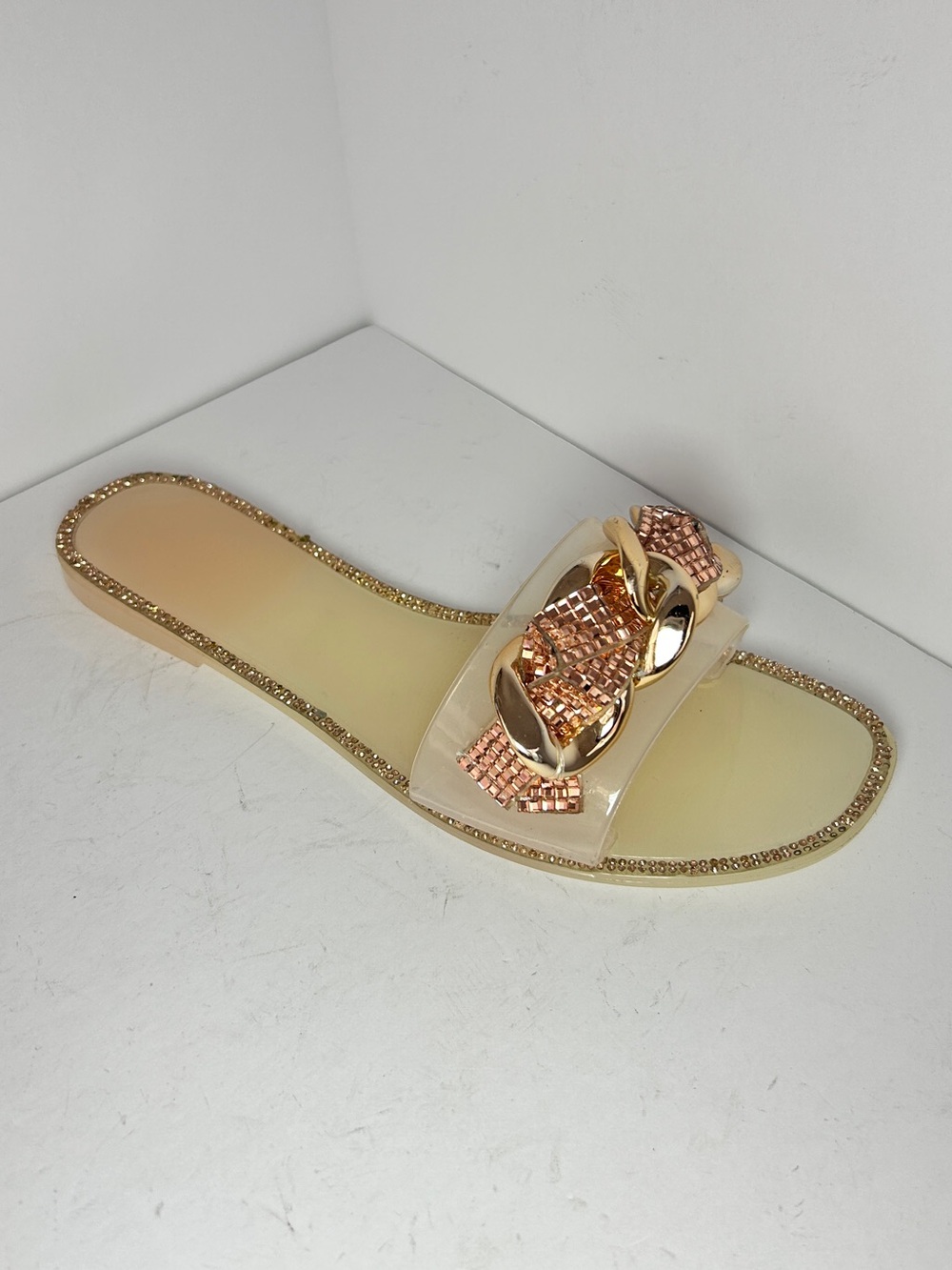 Women’s Clear Pink Slide Sandal with Rose Gold Chain Accent